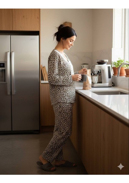Leopar ve Çiçek Desenli Pamuklu Penye Kumaş Pijama Takımı modelleri
