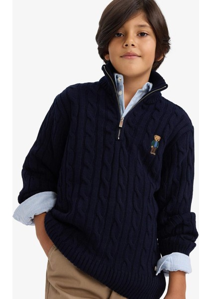 Erkek Çocuk Yarım Fermuarlı Ayı Baskılı Triko Kazak G3080A825WN