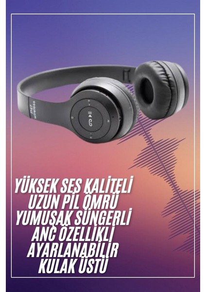 Bluetooth Kablosuz Kulaklık Siyah Wireless 5.0 Kulak Üstü Uzun Pil Ömrü - MCT4885-7479