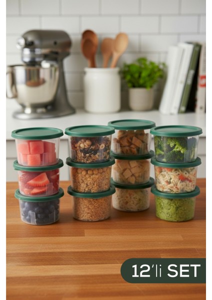 12 Adet 650 ml Yuvarlak Çok Amaçlı Saklama Kabı Seti Yeşil