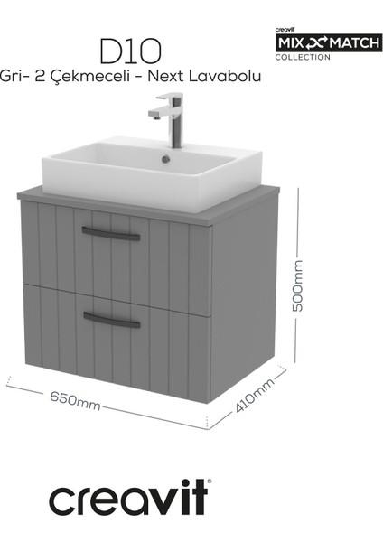 D10 Next Lavabo Dolabı Iki Çekmeceli 65 cm Gri Lake Kapak