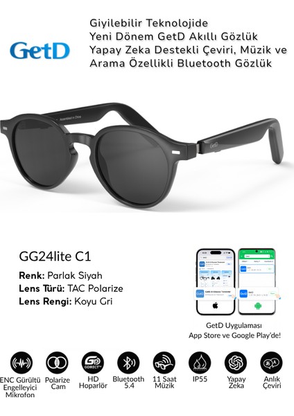 GG24C1 Getd Akıllı Gözlük – Çeviri, Müzik ve Arama Özellikli Bluetooth Gözlük