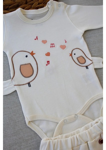 Litaetrend 3-6 6-9 9-12 Ay Şarkıcı Kuşlar Nakışlı Bandanalı Uzun Kollu Zıbınlı 3lü Kız Bebek Takımı Ekru fiyatları