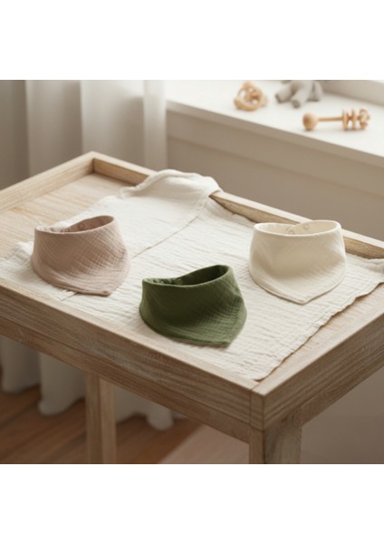 3'lü Müslin Çift Çıtçıtlı %100 Pamuk Bebek Mama / Salya Önlüğü,yakalık,boyunluk-Camel, Beyaz, Yeşil