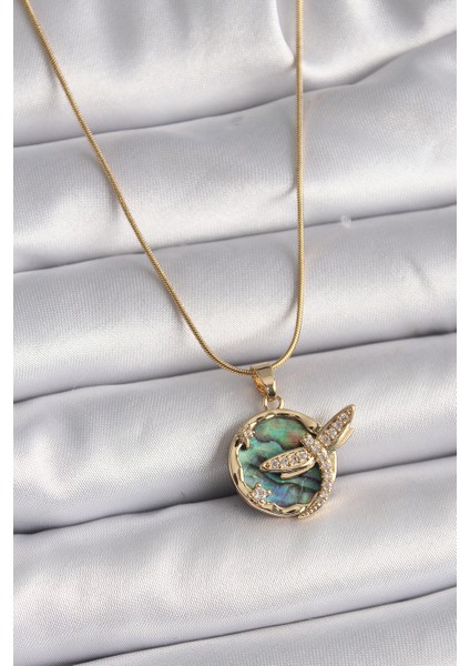 316L Çelik Gold Renk Zincir Zirkon Taşlı Yusufçuk Model Kadın Kolye - TJ-BKO9479