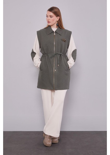 Haki Kendinden Desenli Yelekli Üçlü Takım