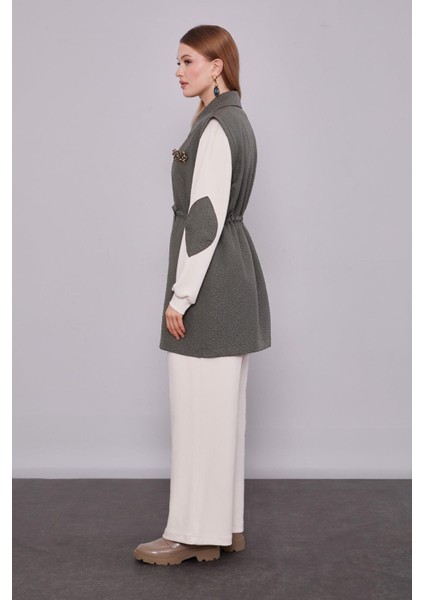 Haki Kendinden Desenli Yelekli Üçlü Takım modelleri