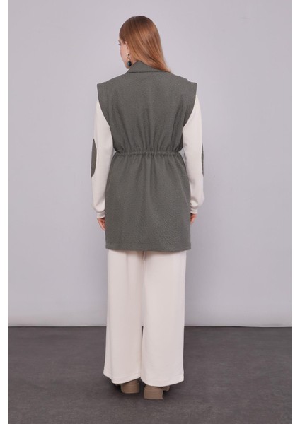 Haki Kendinden Desenli Yelekli Üçlü Takım