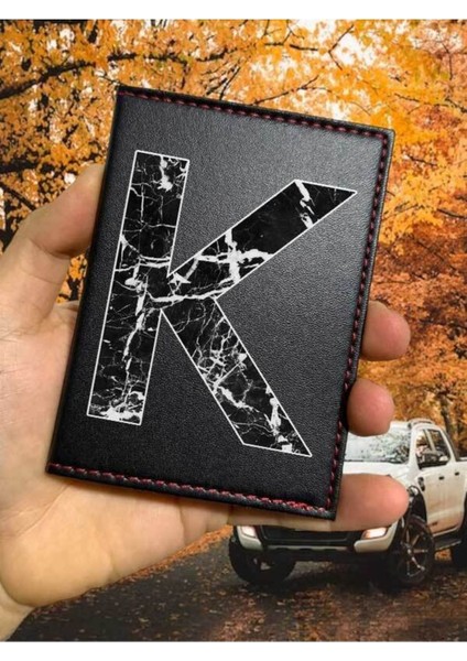 K Harfi Mermer Ruhsat Kabı Logolu Oto Ruhsat Kılıfı Vinleks Deri Dikişli Araç Ruhsat Koruyucu
