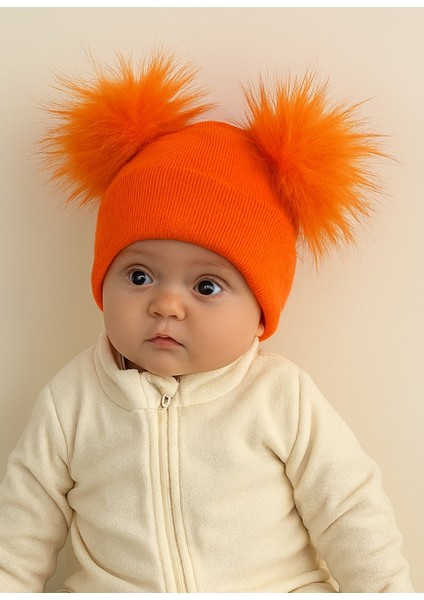 Kız Bebek Çift Ponponlu Triko Bere Standart 0-3 Yaş