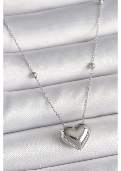 316L Çelik Gümüş Renk Topçuk Detay Zincir Kalp Model Kadın Kolye - TJ-BKO9773