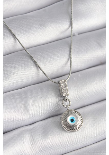 316L Çelik Gümüş Renk Zirkon Taşlı Nazar Boncuk Model Kadın Kolye - TJ-BKO9523