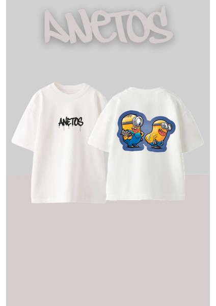 Minions 2 Tasarım Sırt Baskılı Pamuk Beyaz Oversize T-Shirt