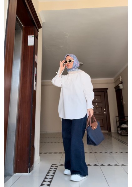 Pamuklu Biyeli Gömlek Yaka Tunik Beyaz