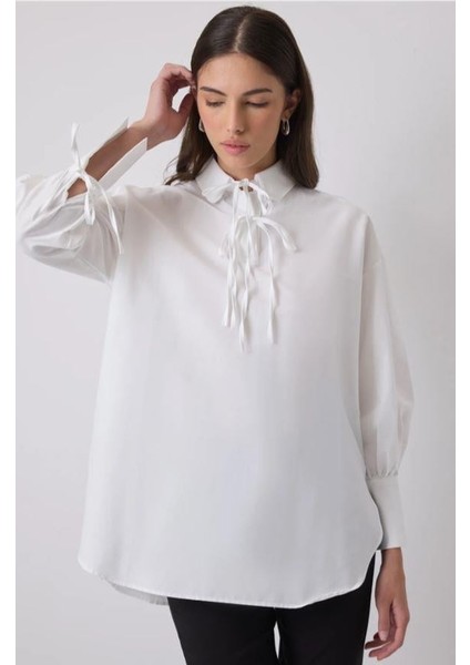 Pamuklu Biyeli Gömlek Yaka Tunik Beyaz modelleri