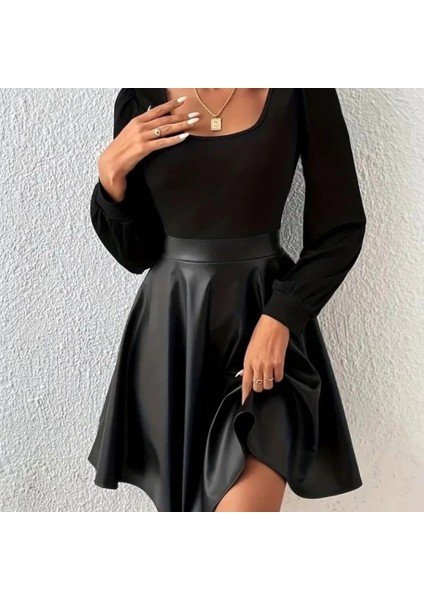 Mdb Kadın Uzun Kollu Kare Yaka Üst Viskon Alt Deri Mini Elbise