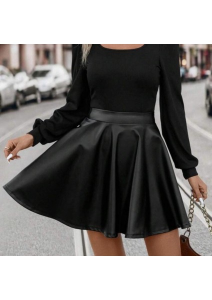 Mdb Kadın Uzun Kollu Kare Yaka Üst Viskon Alt Deri Mini Elbise fırsatları