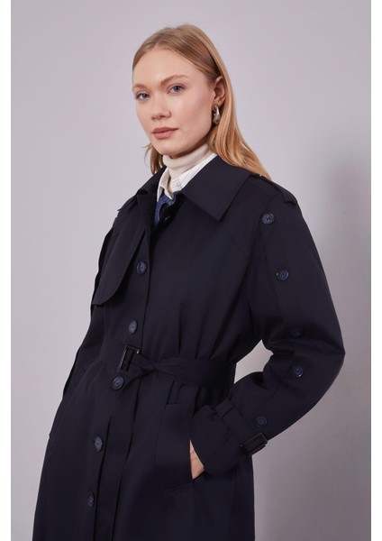 Lacivert Kol Düğme Detaylı Trençkot fiyatları