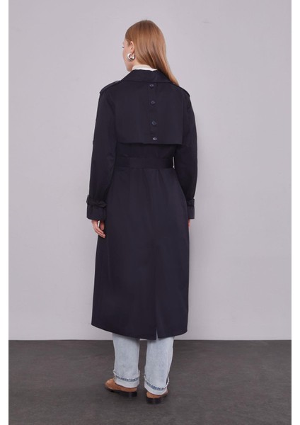 Lacivert Kol Düğme Detaylı Trençkot fırsatları