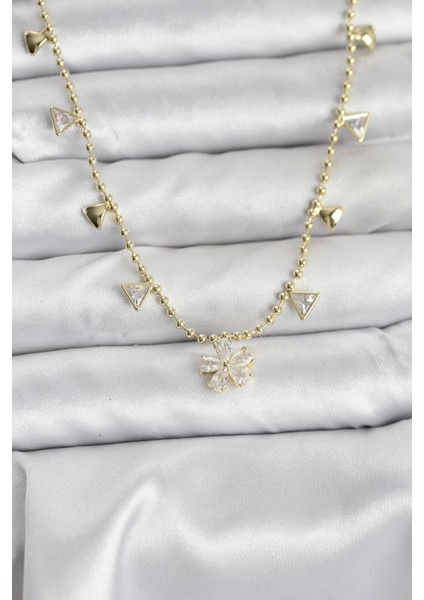 Pirinç Gold Renk Zirkon Taşlı Çiçek Model Kadın Kolye