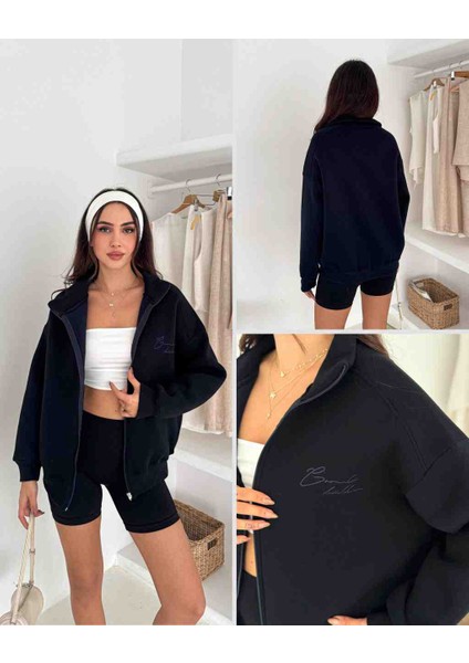 Kadın Siyah Fermuarlı Modal Hırka