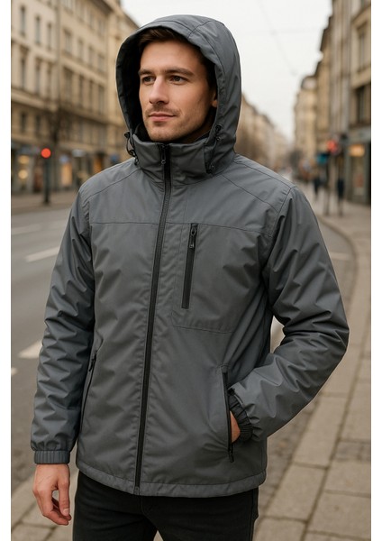 Erkek Kapüşonlu Cep Detaylı Içi Polar Kışlık Mont 2540 Füme