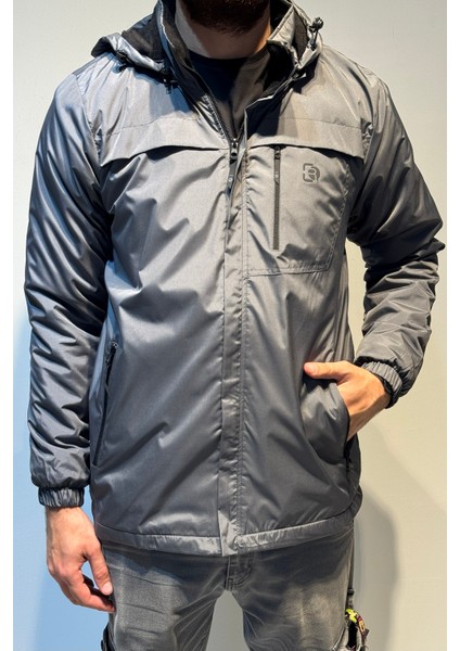 Erkek Kapüşonlu Cep Detaylı Içi Polar Kışlık Mont 2540 Füme