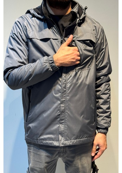 Erkek Kapüşonlu Cep Detaylı Içi Polar Kışlık Mont 2540 Füme