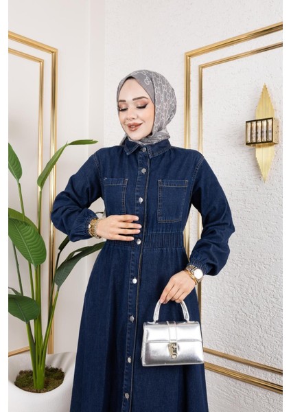 Kadın Belden Lastikli Cep Detaylı Kot Elbise