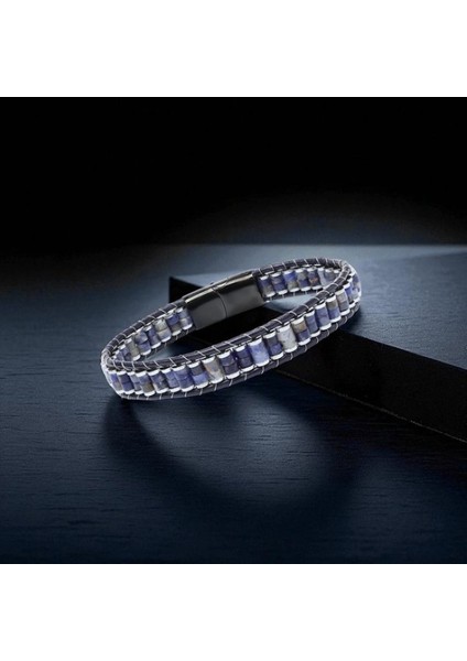 Orijinal Deri, Lapis Doğaltaş ve 316L Titanyum Çelik Erkek Bileklik 9592B22D10 fırsatları