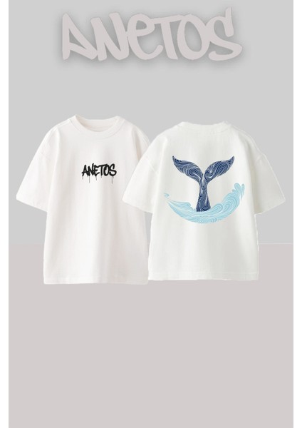 Balık Kuyrugu Tasarım Sırt Baskılı Pamuk Beyaz Oversize T-Shirt