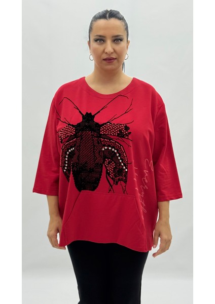 Büyük Beden Viskon Taşlı Inci Detaylı Kanguru Cepli Kapri Kol Oversize Kadın Sweat