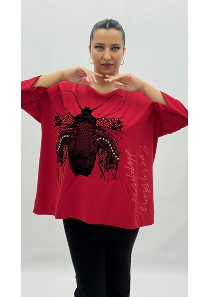 Büyük Beden Viskon Taşlı Inci Detaylı Kanguru Cepli Kapri Kol Oversize Kadın Sweat fiyatları