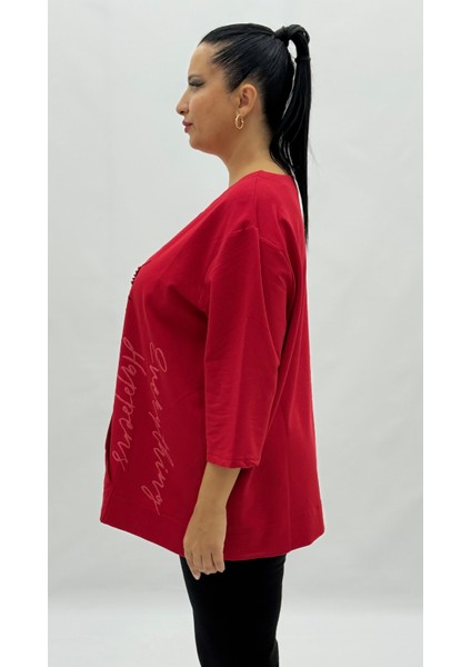 Büyük Beden Viskon Taşlı Inci Detaylı Kanguru Cepli Kapri Kol Oversize Kadın Sweat modelleri