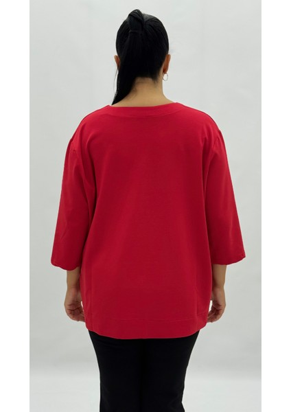 Büyük Beden Viskon Taşlı Inci Detaylı Kanguru Cepli Kapri Kol Oversize Kadın Sweat fırsatları