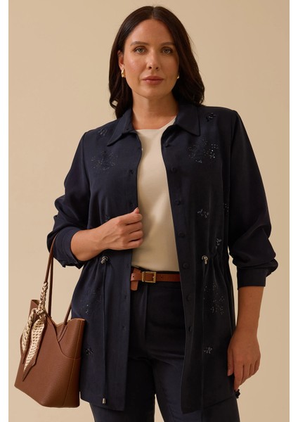 Kadın Büyük Beden Pul Işlemeli Bağcıklı Kap 4002 Lacivert