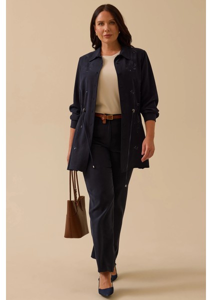 Kadın Büyük Beden Pul Işlemeli Bağcıklı Kap 4002 Lacivert fiyatları