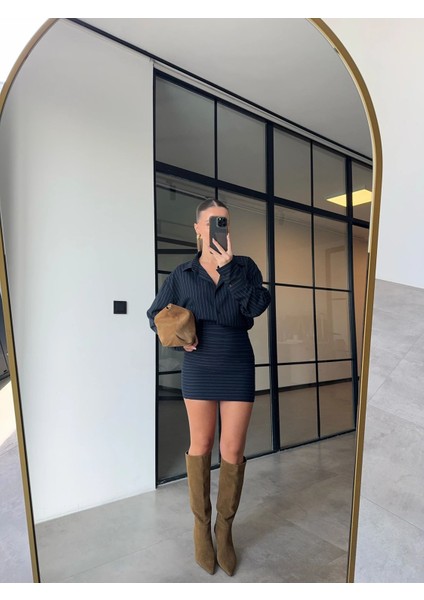 Manşet Kol Oversize Kesim Tok Kumaş Çizgili Gömlek Büzgü Drape Detay Mini Etek Tasarım Pinterest Trend Takım fiyatları