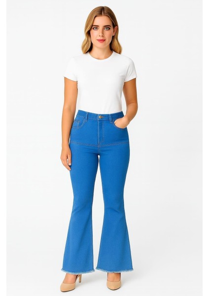 Kadın Büyük Beden Mavi,ön Arka Kup Dikiş Detaylı, Pis Dikişli Ispanyol Paça Kot Pantolon 65N39171