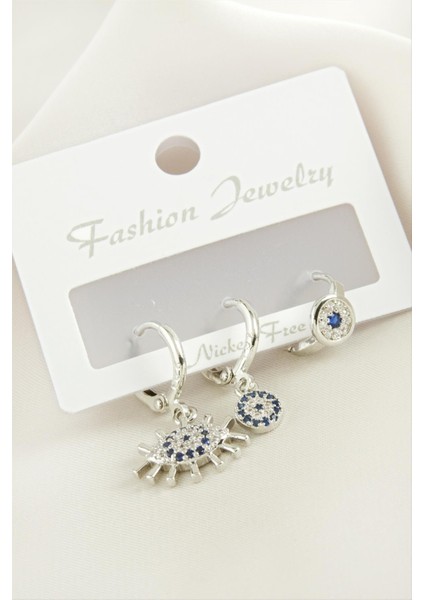 3 Adet Göz Nazar Zirkon Taşlı Küpe