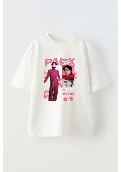 Jimin Baskılı Ünisex Pamuk Beyaz Oversize T Shirt