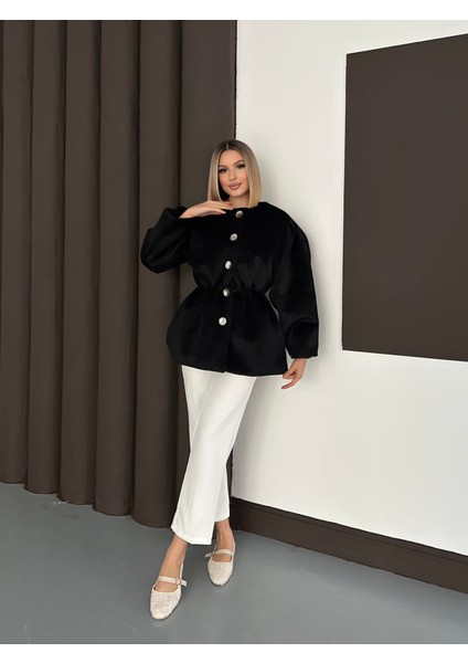 Kadın Fox Kaşe Balon Kol Kısa Kaban – | Oversize Beli Büzgülü Tasarım