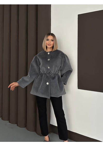 Kadın Fox Kaşe Balon Kol Kısa Kaban – | Oversize Beli Büzgülü Tasarım