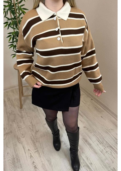 Kadın Bej - Kahve Polo Yaka Çizgili Oversize Triko Kazak