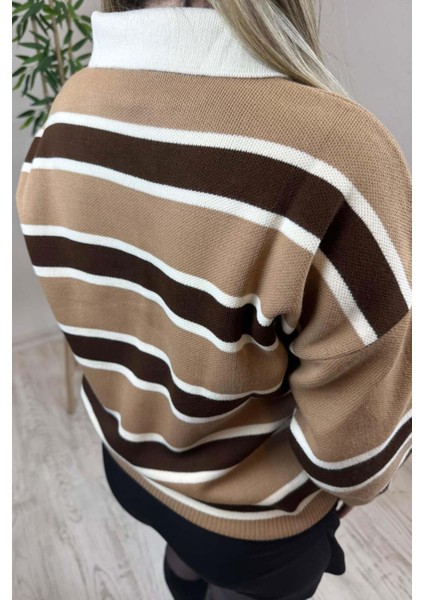 Kadın Bej - Kahve Polo Yaka Çizgili Oversize Triko Kazak fiyatları
