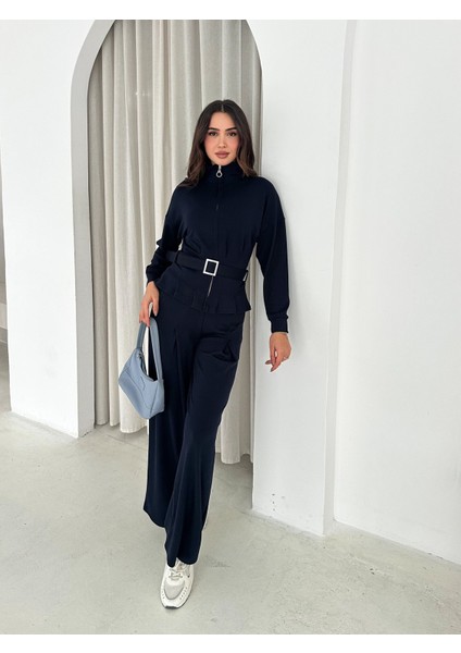 Tesettür Uyumlu Modal Kumaş Kemerli Fermuarlı Şık Günlük Takım / Modest Modal Tracksuit Set modelleri