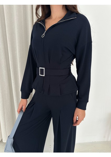 Tesettür Uyumlu Modal Kumaş Kemerli Fermuarlı Şık Günlük Takım / Modest Modal Tracksuit Set indirimleri