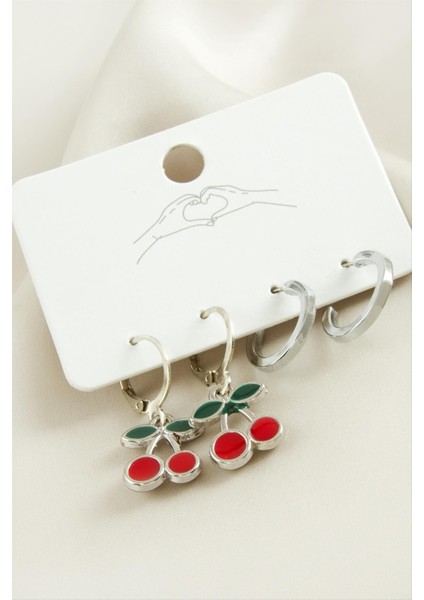 4 Adet Kiraz Mineli Halka Küpe