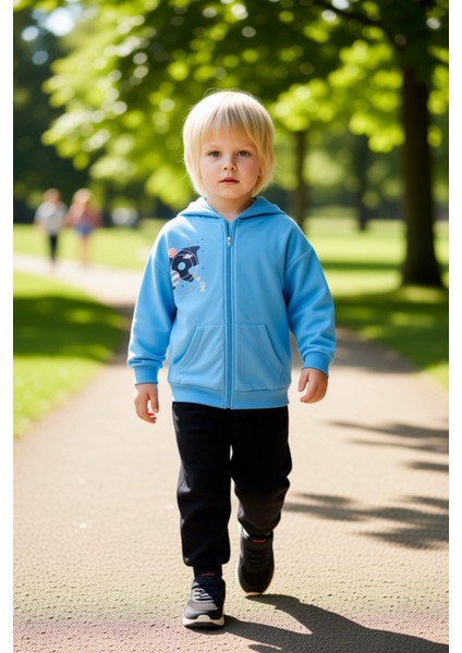 Erkek Çocuk Fermuarlı Kapüşonlu Üst ve Eşofman Altı Takımı Kaliteli Şık Rahat