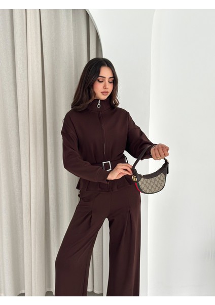 Tesettür Uyumlu Modal Kumaş Kemerli Fermuarlı Şık Günlük Takım / Modest Modal Tracksuit Set